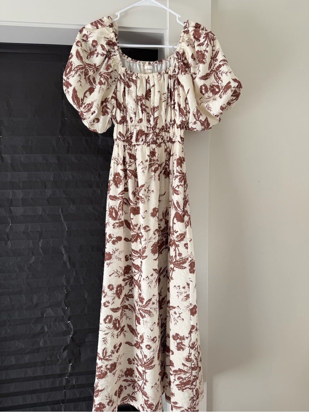 bohme Ivory Maxi Dress with Brown Floral Print and Puff Sleeves